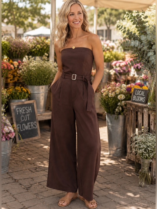 Sim & Sam Pants - Sim & Sam Boho Brown Linen Blend Strapless Belted Wide Leg Jumpsuit Small